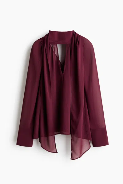 H&m Blouse With Scarf Collar In Burgundy