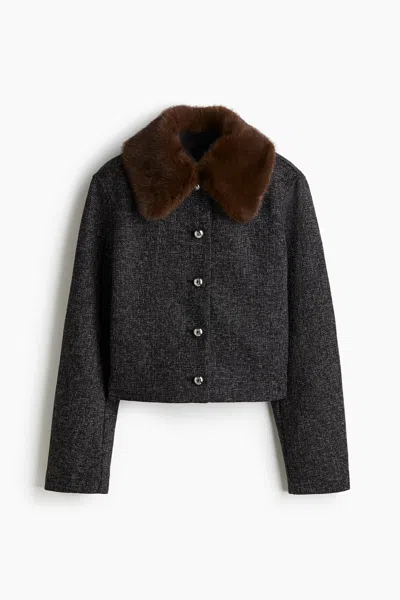 H&m Bouclé Jacket With Collar In Black Melange