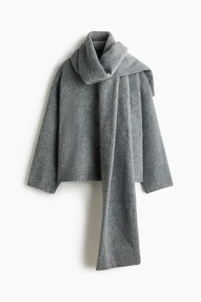 H&m Brushed Jacket With Scarf In Gray