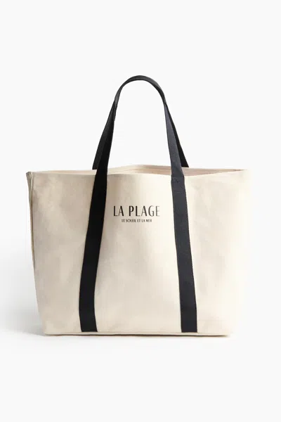 H&m Canvas Beach Bag In Natural White/black