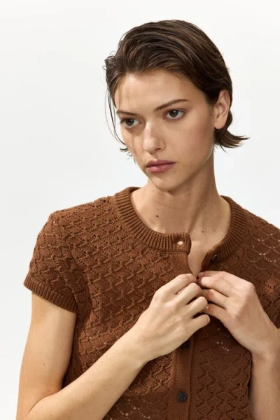 H&m Cap-sleeved Pointelle-knit Cardigan In Brown