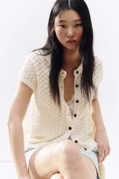 H&m Cap-sleeved Pointelle-knit Cardigan In Neutral