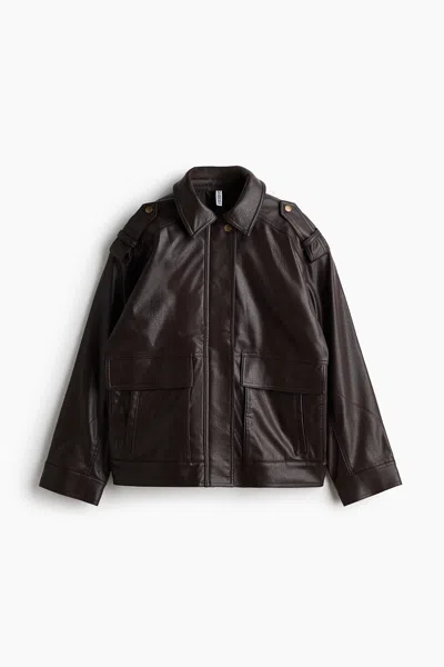 H&m Coated Biker Jacket In Dark Brown