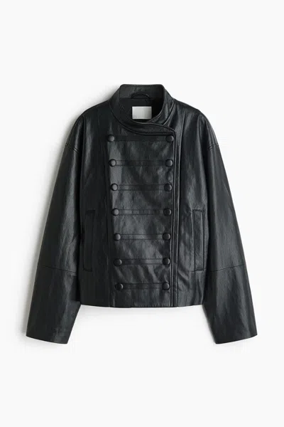 H&m Coated Button-detail Jacket In Black