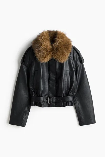 H&m Coated Jacket With Fluffy Collar In Black
