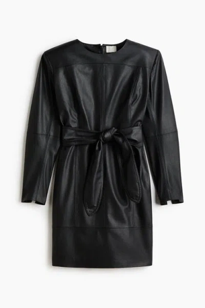H&m Coated Tie-belt Dress In Black