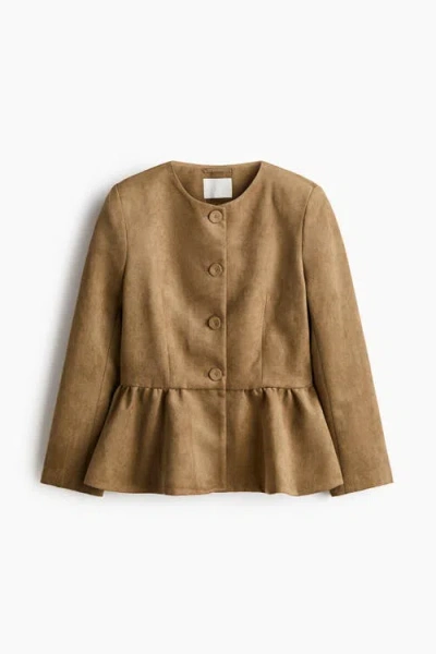 H&m Collarless Peplum Jacket In Brown