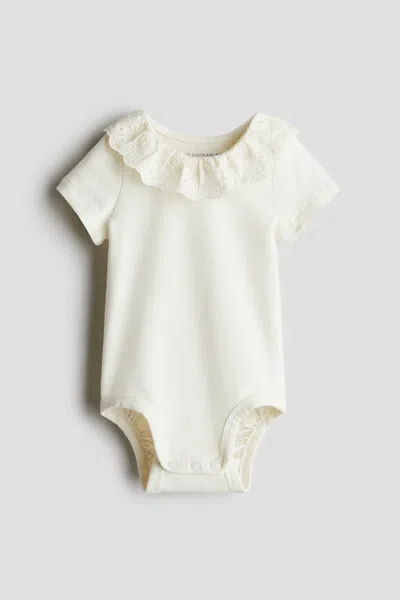 H&m Cotton Bodysuit With Eyelet-embroidered Collar In White
