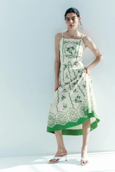 H&m Cotton Dress With Flared Skirt In Green