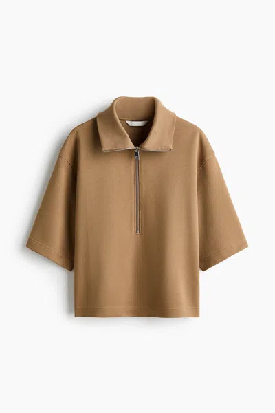 H&m Cotton Half-zip Polo Shirt In Brown