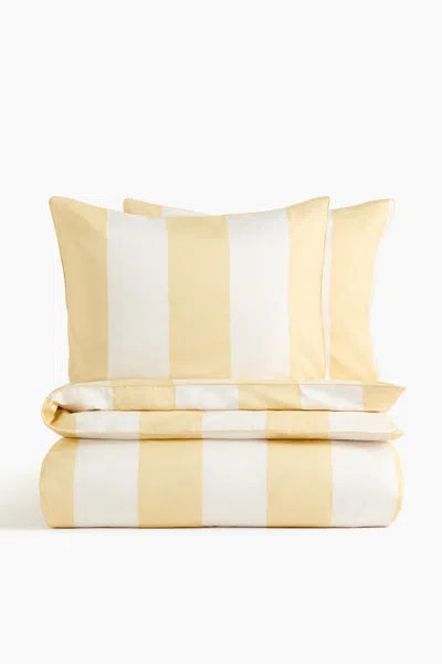 H&m Cotton Sateen King/queen Duvet Cover Set In Light Yellow/striped