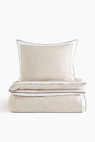 H&m Cotton Sateen Twin Duvet Cover Set In Beige/polka Dot