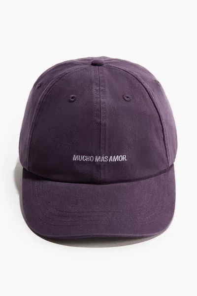 H&m Cotton Twill Cap In Dark Purple/mucho Más Amor
