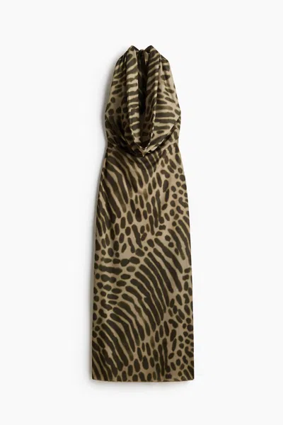 H&m Cowl-neck Maxi Dress In Dark Khaki Green/animal Print