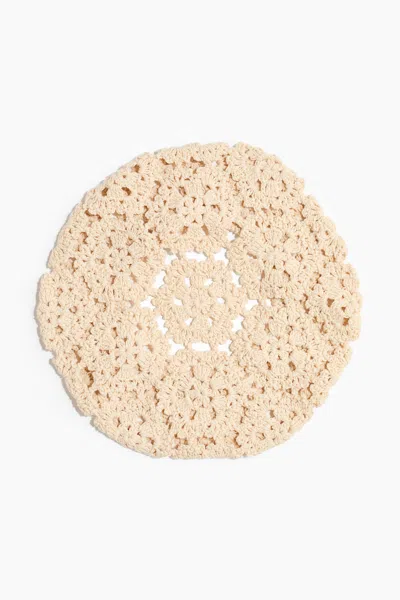 H&m Crochet-look Cotton Beret In Light Beige