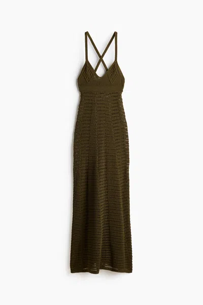 H&m Crochet-look Maxi Dress In Dark Khaki Green