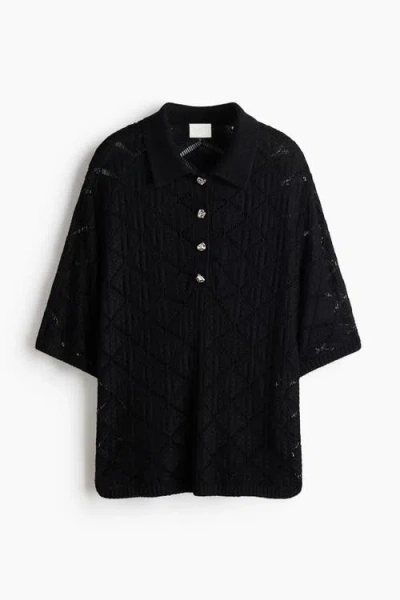 H&m Crochet-look Polo Shirt In Black