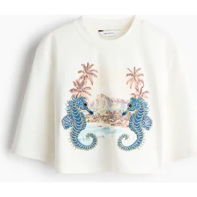 H&m Cropped Embellished T-shirt In White