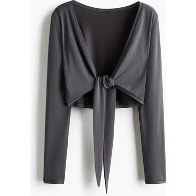H&m Cropped Tie-front Yoga Top With Softmove In Gray
