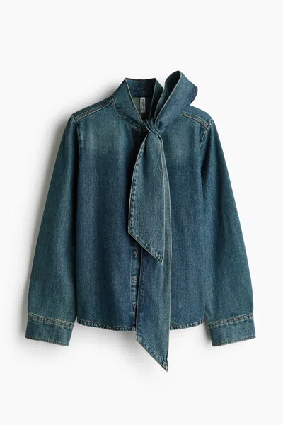 H&m Denim Blouse With Scarf Collar In Blue
