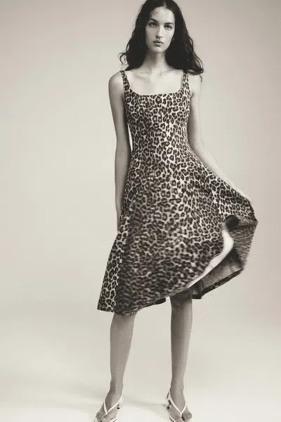 H&m Denim Midi Dress In Beige/leopard Print