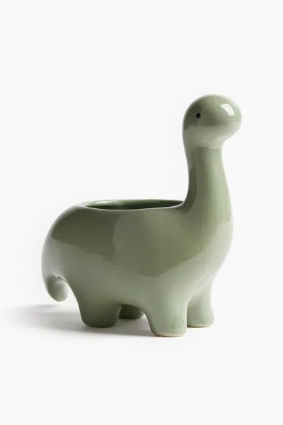 H&m Dinosaur Stoneware Plant Pot In Green