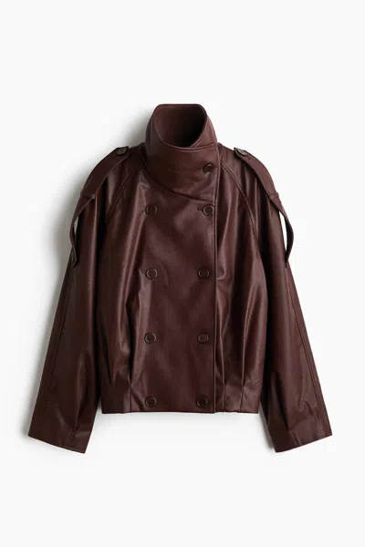 H&m Double-breasted Funnel-collar Jacket In Brown