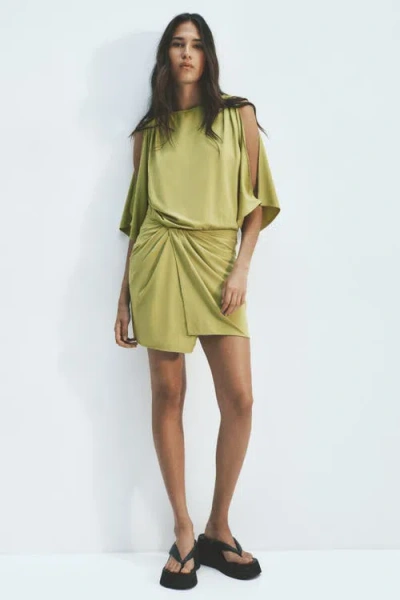 H&m Draped Cold-shoulder Dress In Green