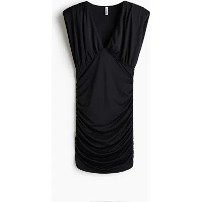 H&m Draped Shoulder-pad Dress In Black