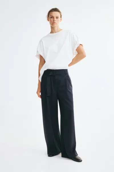 H&m Dress Pants With Belt In Navy Blue