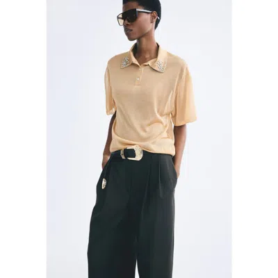 H&m Embellished Fine-knit Polo Shirt In Orange