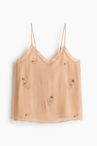 H&m Embroidered Camisole Top In Nude