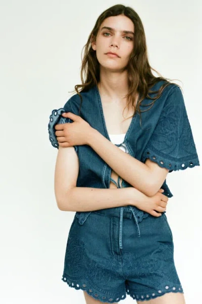 H&m Embroidered Denim Blouse In Blue