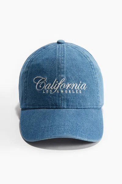 H&m Embroidered Denim Cap In Denim Blue/california
