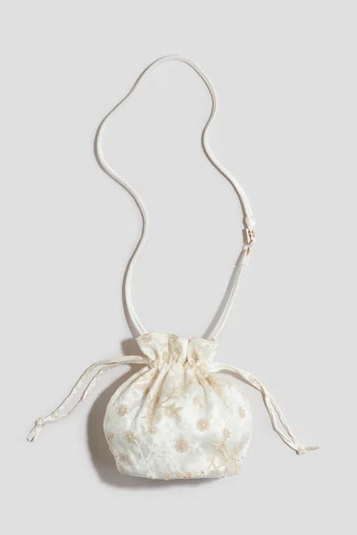 H&m Embroidered Drawstring Bag In White