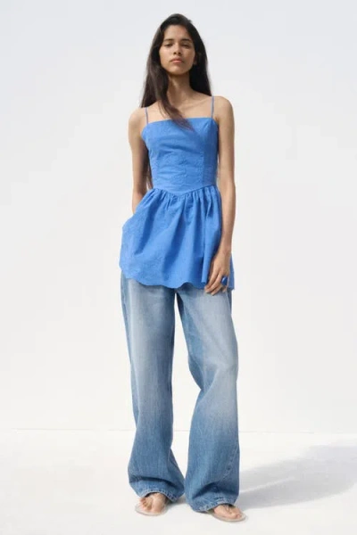H&m Embroidered Flared-skirt Dress In Blue