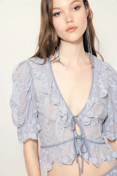 H&m Embroidered Flounced Blouse In Blue