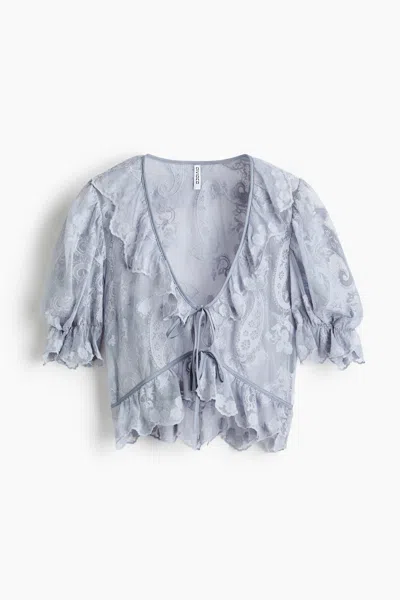 H&m Embroidered Flounced Blouse In Blue