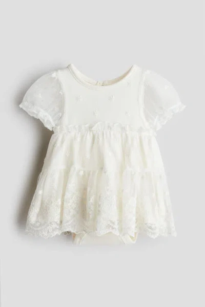H&m Babies'  Embroidered Mesh Bodysuit Dress In White