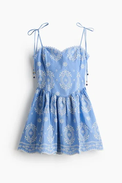 H&m Embroidered Tie-strap Dress In Blue