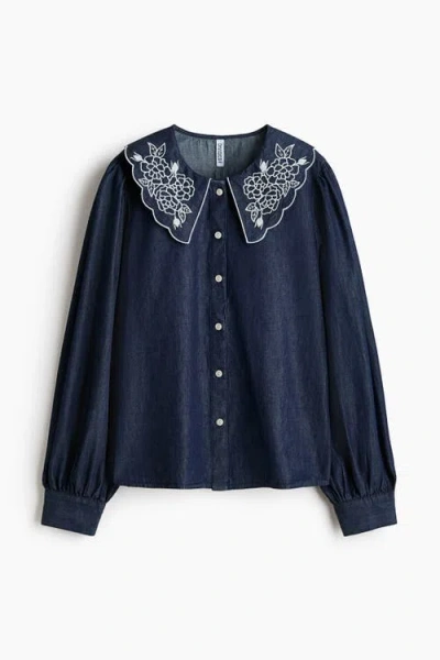 H&m Embroidered-collar Denim Blouse In Blue