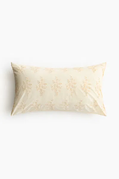 H&m Embroidered-detail Cotton Pillowcase In Neutral