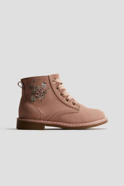 H&m Kids' Embroidered-detail Lace-up Boots In Brown