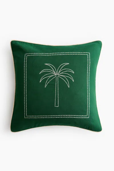 H&m Embroidered-motif Cushion Cover In Dark Green/palm Tree