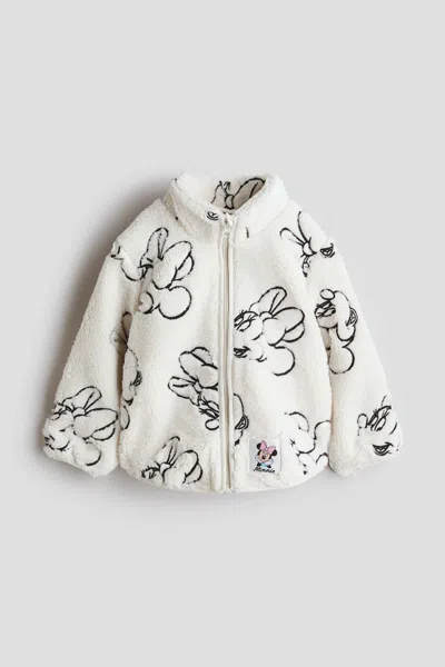 H&m Kids' Embroidered-motif Teddy Fleece Jacket In White