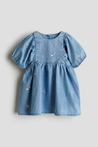H&m Babies'  Embroidery-detail Denim Dress In Blue