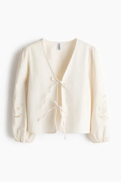 H&m Eyelet-embroidered Jacket With Tie Detail In Neutral