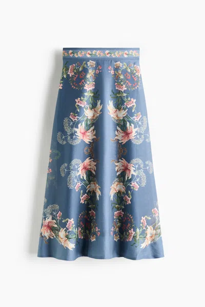 H&m Flared Linen-blend Skirt In Dusty Blue/floral