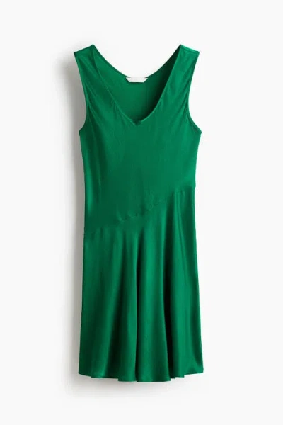H&m Flared Satin Dress In Green