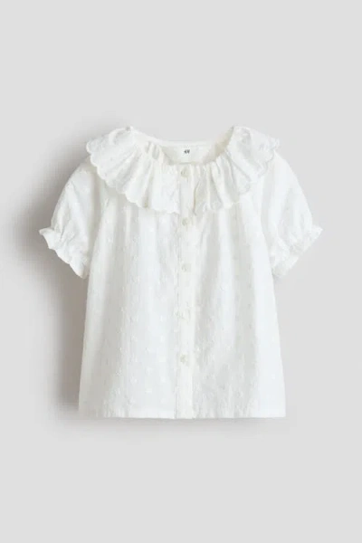 H&m Kids'  Flounce-collar Embroidered Blouse In White